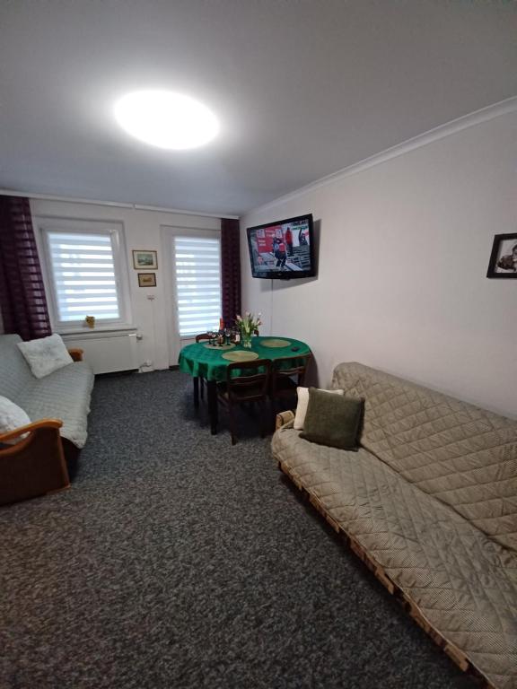 een woonkamer met een bed en een groene tafel bij Mieszkanie Apartament Lord in Toruń