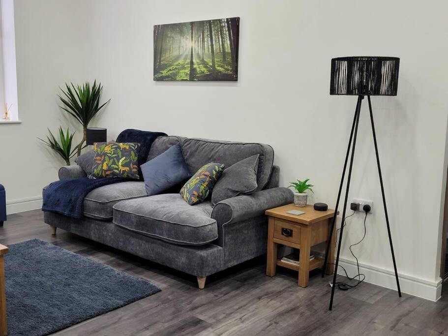 - un salon avec un canapé gris et une lampe dans l'établissement Contemporary 1 Bed Apartment, In Central Buxton, à Buxton