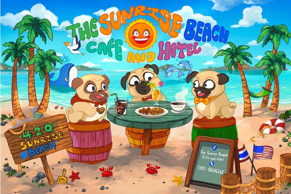 una scena di cartoni animati sulla spiaggia con cani che mangiano a un tavolo in spiaggia di The Sunrise Beach Cafe and Guesthouse a Ban Tha Khoi