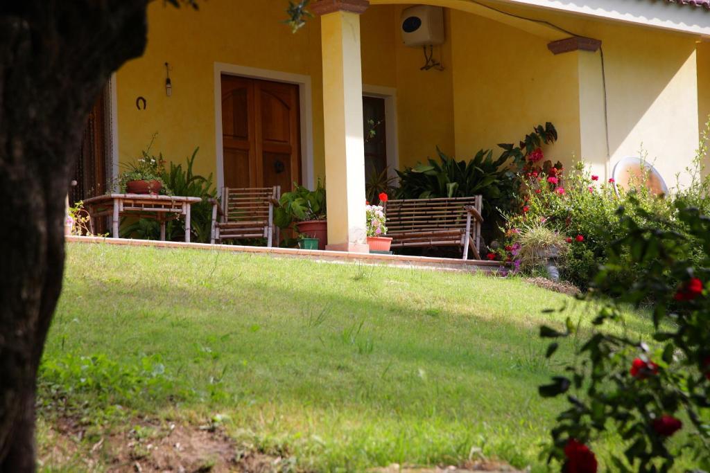 a house with two chairs and a door and a yard at Su Livariu in Siamaggiore