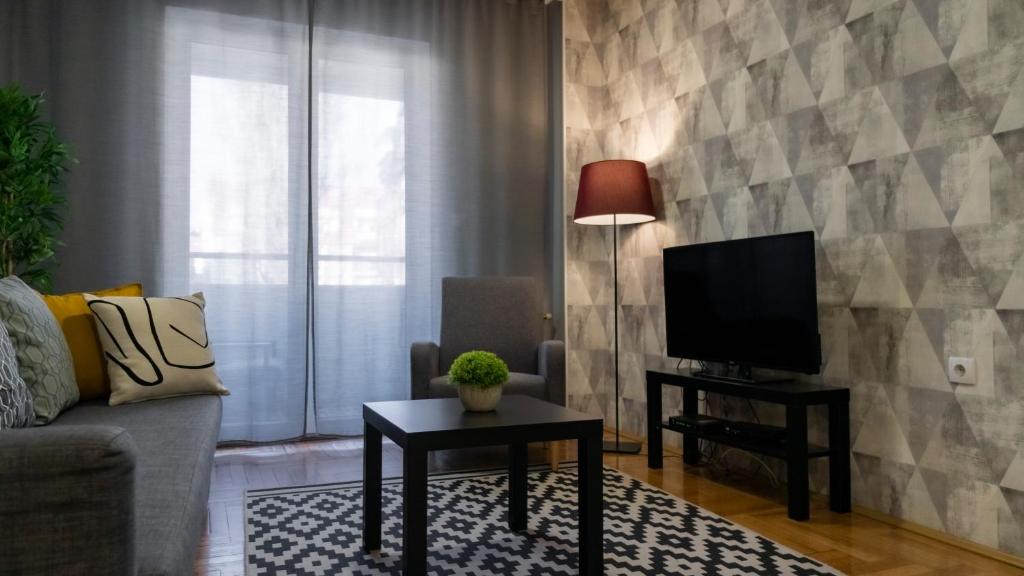 un salon avec un canapé et une télévision dans l'établissement Central Fenix apartment - Free private parking-Fast WI-FI, à Novi Sad