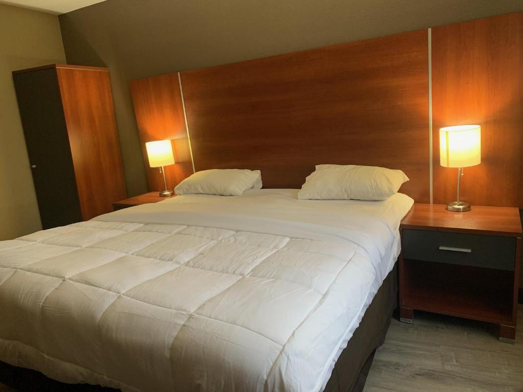 クイーンズにあるSky Hotel Flushing/Laguardia Airportのベッドルーム(白い大型ベッド、ランプ2つ付)