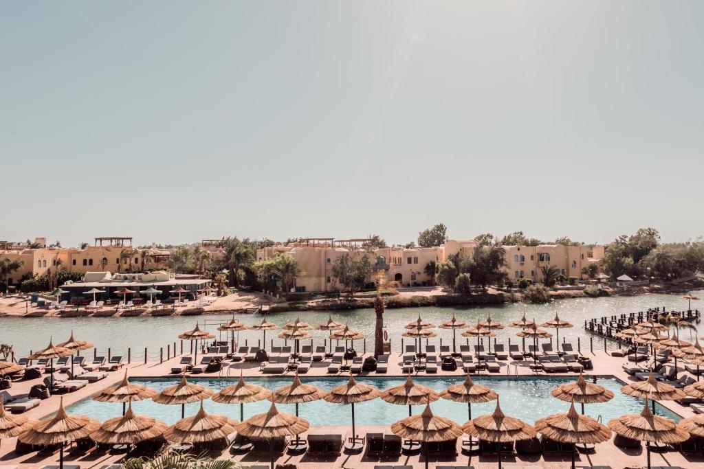 un complexe avec une piscine bordée de parasols et de chaises dans l'établissement Cook’s Club El Gouna (Adults Only), à Hurghada