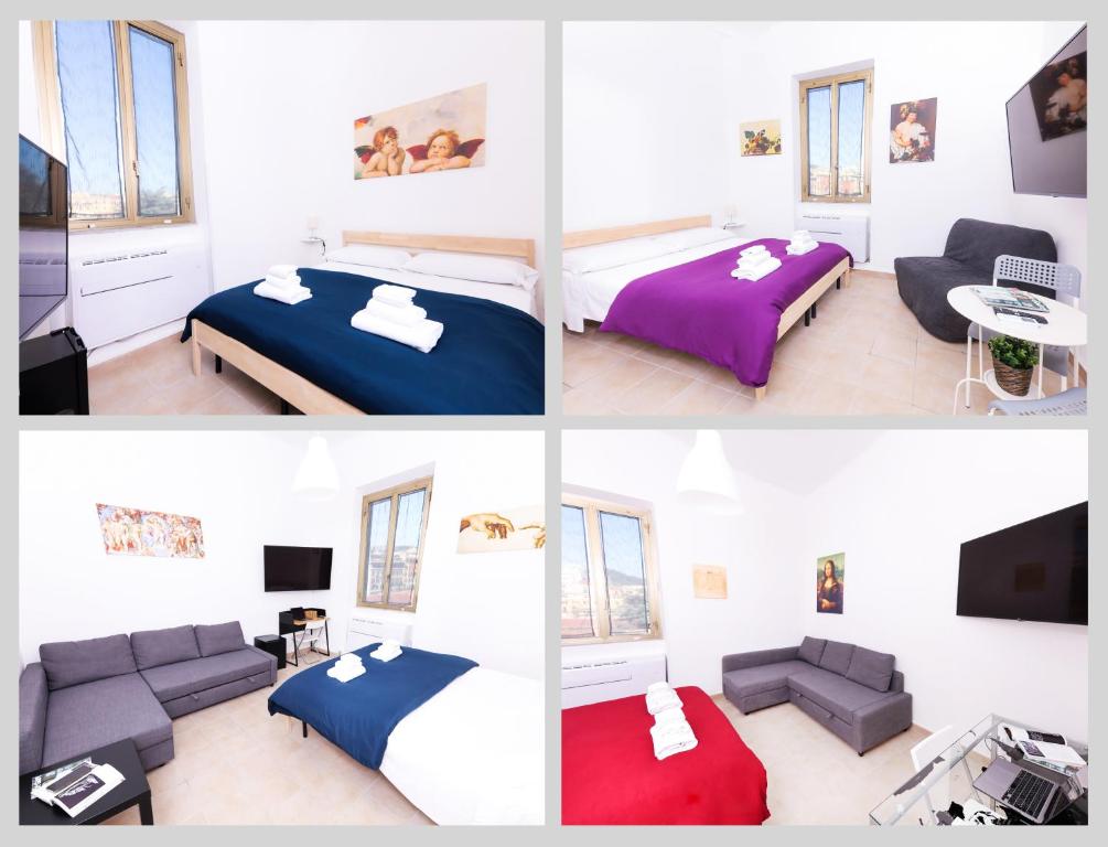 ローマにあるCielo Vaticano Guest Houseのベッド2台とソファ付きの部屋の写真4枚