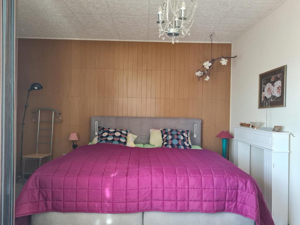 una camera con letto rosa e lampadario pendente di Schöne Ferienwohnung mit Balkon und Terrasse in ruhiger Lage a Helsa