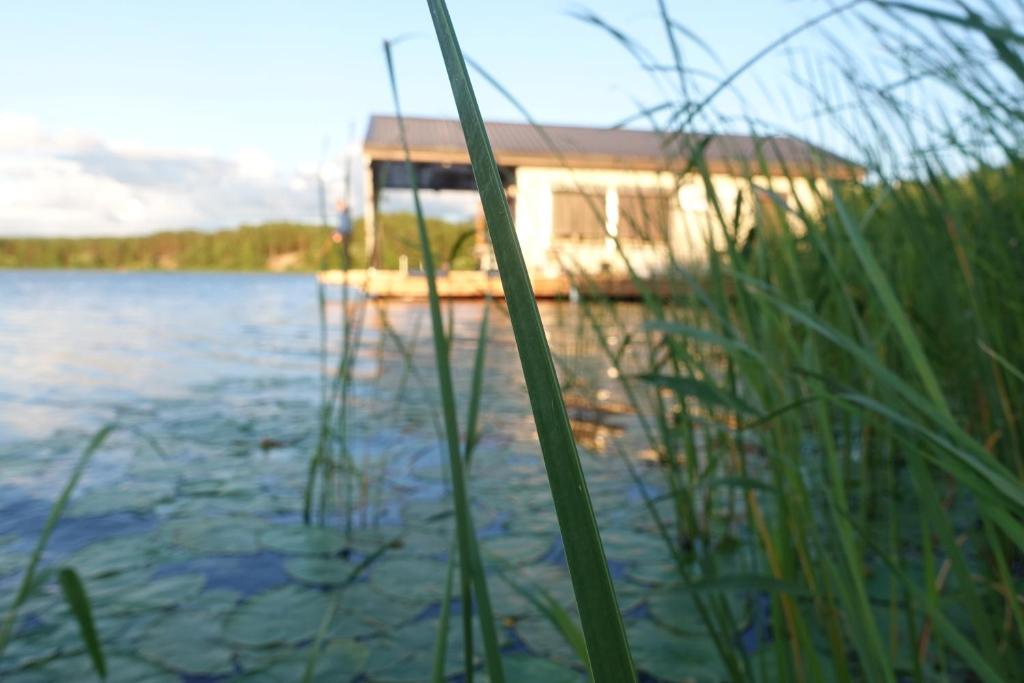 a house on a lake with grass in the foreground at Houseboat "Upes Nams" in Varkaļi