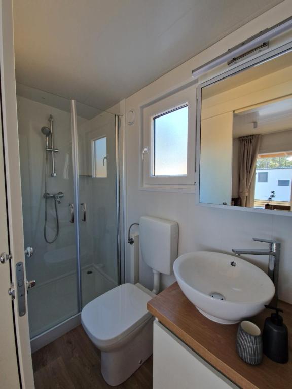 een badkamer met een toilet, een wastafel en een douche bij Mobile Home Sole in Biograd na Moru