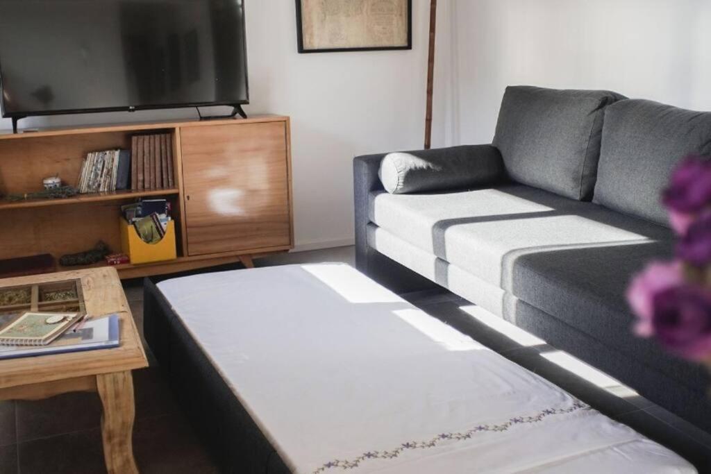 sala de estar con sofá y TV en Lenga De Fuego Apartamentos Deluxe Bariloche en San Carlos de Bariloche