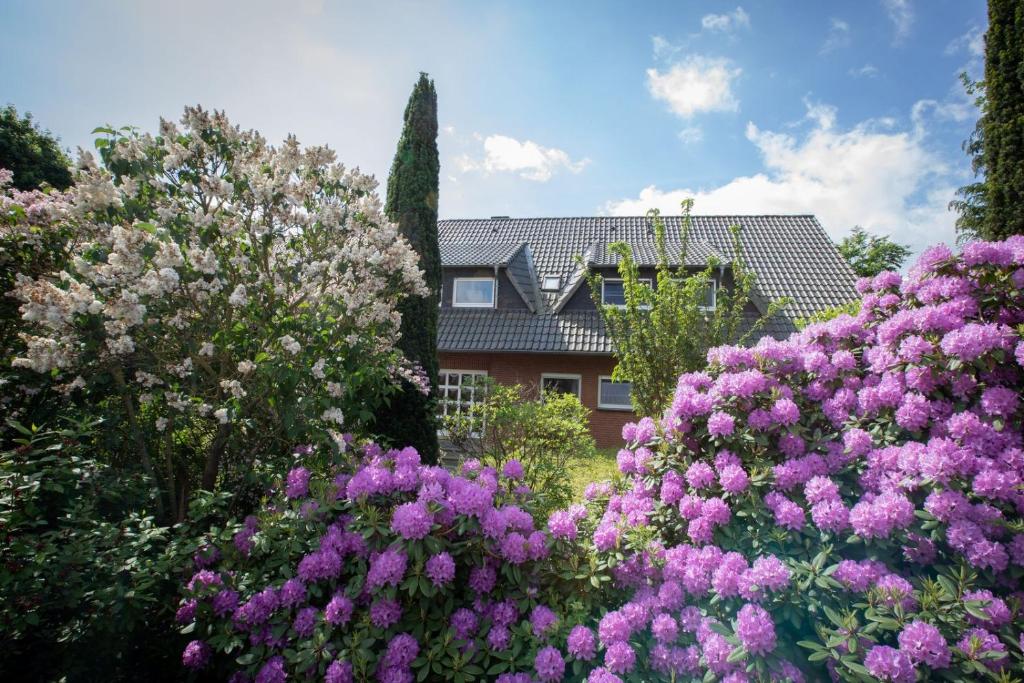 un jardín con flores púrpuras frente a una casa en Ferienwohnungen Schierbaum, en Lembruch