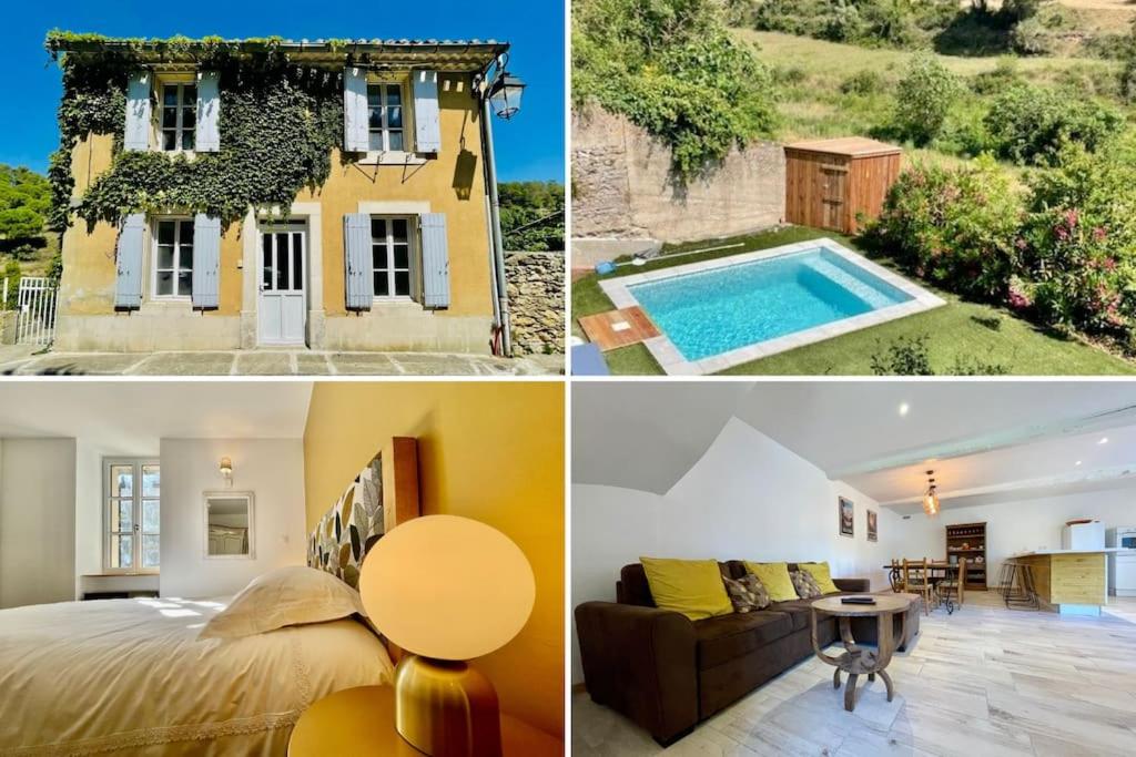 un collage de photos d'une maison et d'une piscine dans l'établissement Jardin de la Garrigue - Maison 160m2 - Piscine, à Aragon