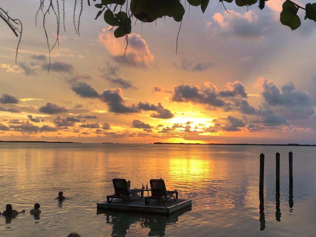 a couple of chairs in the water at sunset at Seafarer Key Largo Resort and Beach in Key Largo