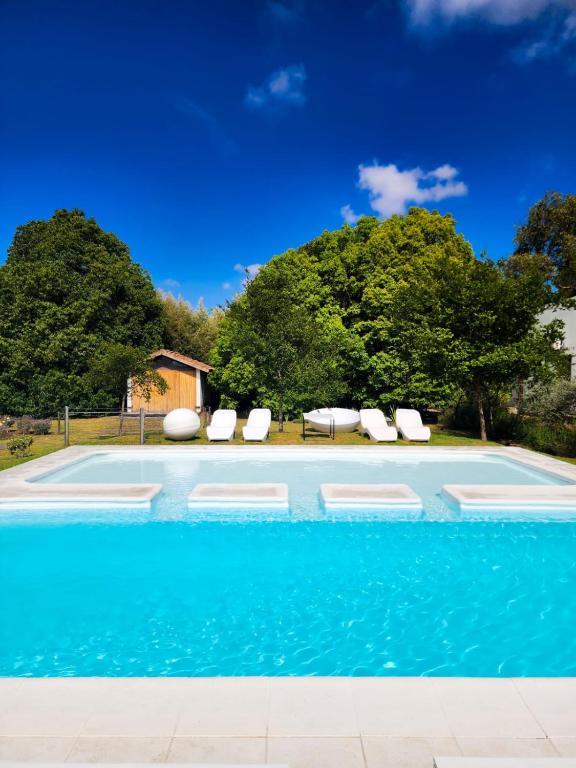 a swimming pool with chairs and trees in the background at Haus Apart Hotel in Salta