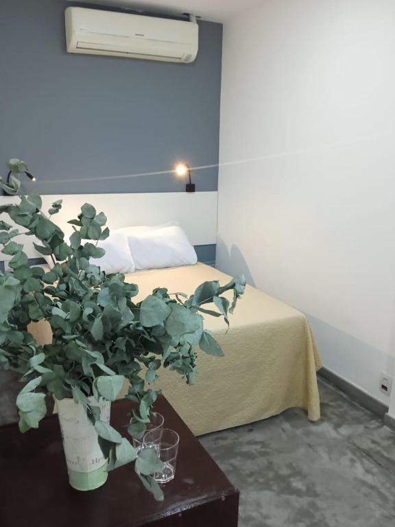 a bedroom with a bed and a potted plant on a table at Lapa Bed & Breakfast in Rio de Janeiro