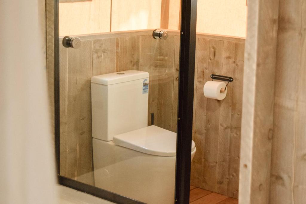 Koondrook Glamping Retreat في Koondrook: مرآة الحمام مع مرحاض في الغرفة