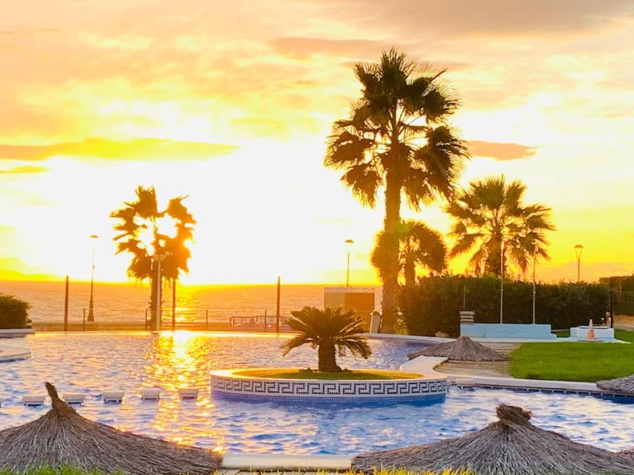 un complejo con una piscina con palmeras y el océano en Apartment Jardines Del Mar, en La Manga del Mar Menor