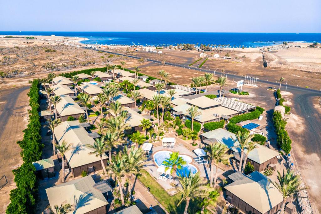 an aerial view of a resort with palm trees and the beach at Abu Dabbab Lodge in Abu Dabab