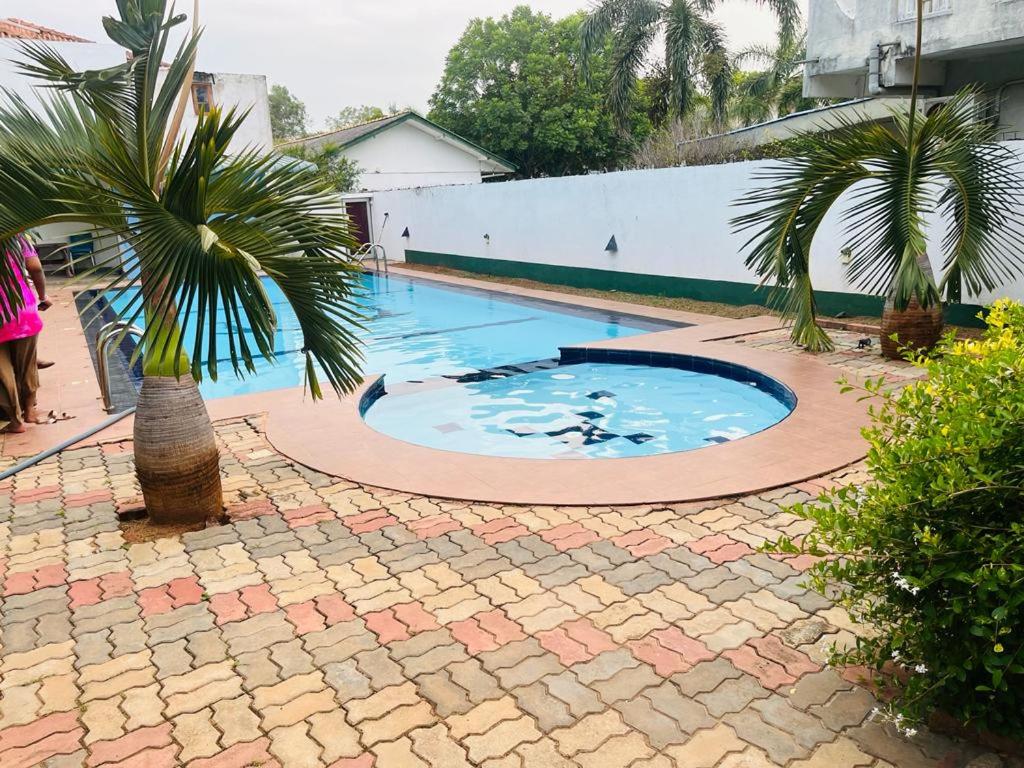 una piscina con una palmera en un patio en Yala Visit Villa, en Tissamaharama