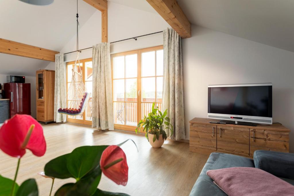 a living room with a flat screen tv on a wooden cabinet at Pension Bernhardhof in Otterfing