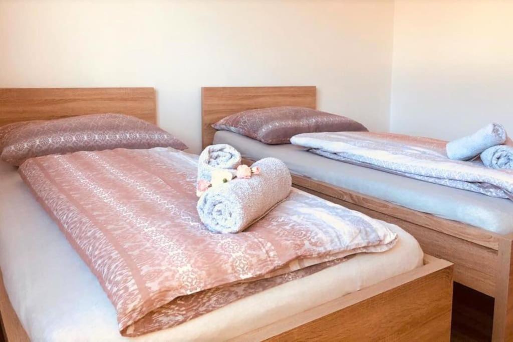 dos camas con almohadas y un animal de peluche en ellas en zentrale,vollausgestattete Ferienwohnung - 3 Zimmer, Petrovic, en Kapfenberg
