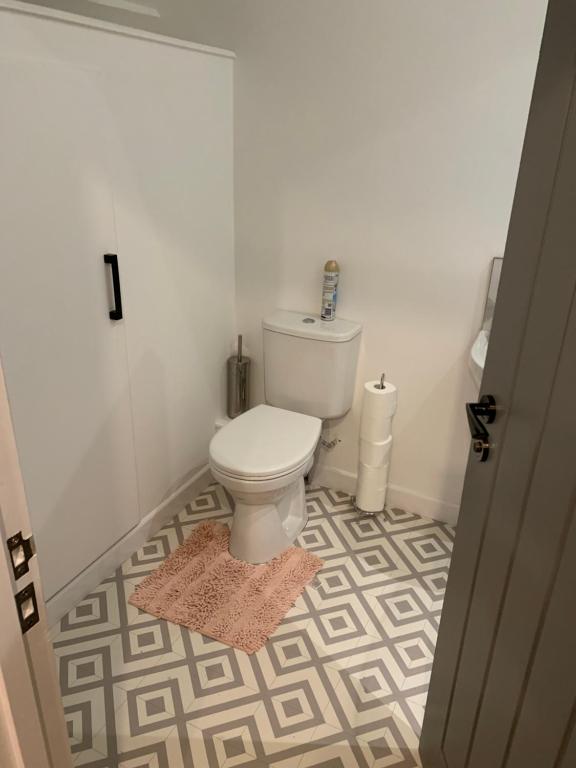 a bathroom with a toilet and a rug on the floor at City Blessed Apartment 4 with free parking in North Shields