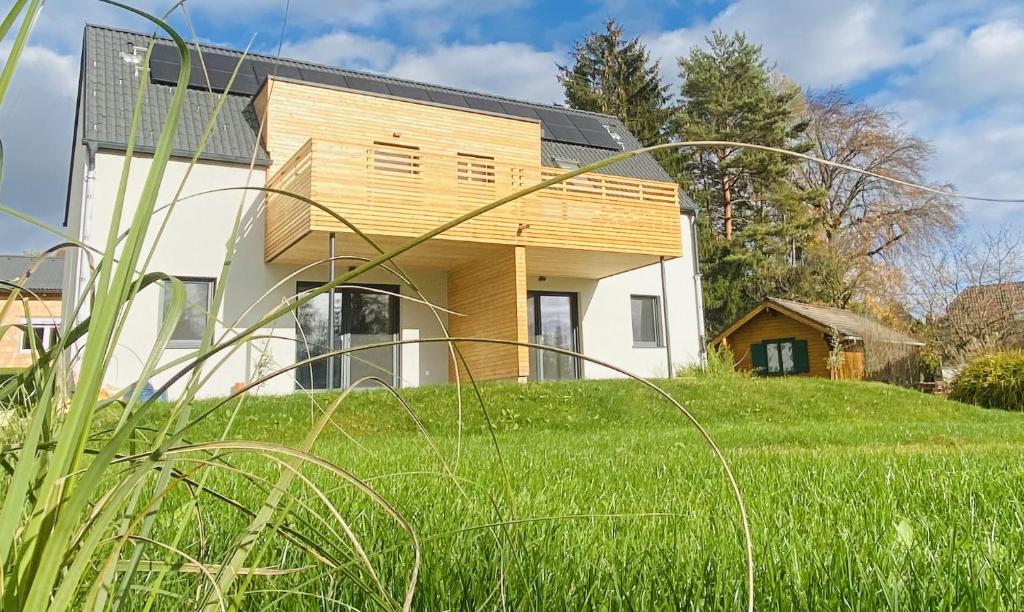 uma casa numa colina com relva verde em Apartment Relax - Stubenbergsee em Stubenberg