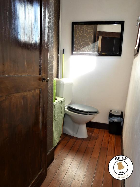 a bathroom with a toilet and a wooden floor at La Caze Paloise ~ Atypique ~ 100% Fonctionnel in Pau