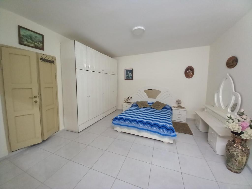 1 dormitorio con 1 cama y lavamanos. en Villa Cana, en Kafr Kannā