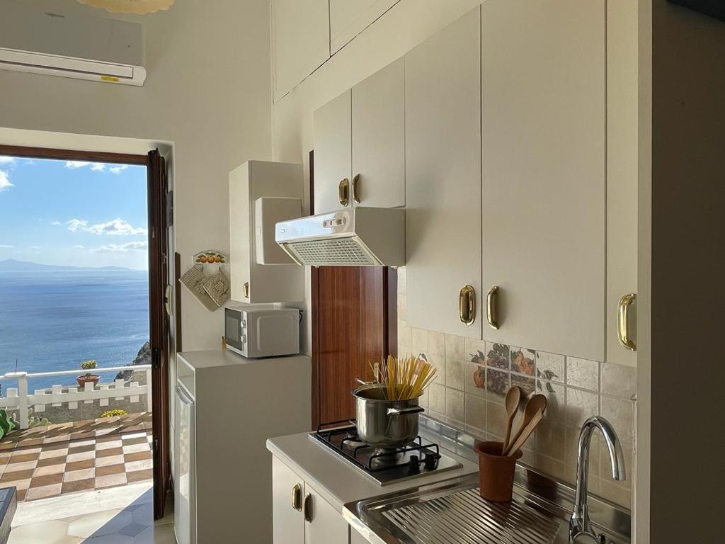 kuchnia z kuchenką górny piekarnik obok lodówki w obiekcie CASA ENZO con vista mare w Amalfi