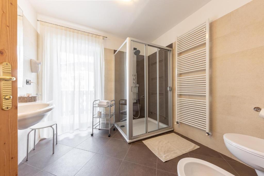 a bathroom with a shower and a toilet and a sink at Residence Adler in San Martino di Castrozza