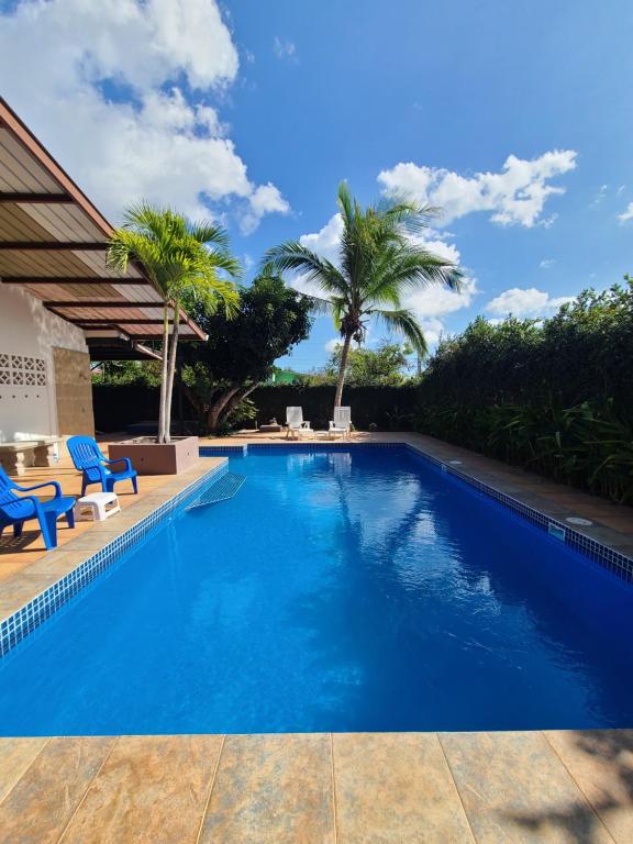 una grande piscina blu con sedie blu e palme di Guest House with Shared Pool Access a David