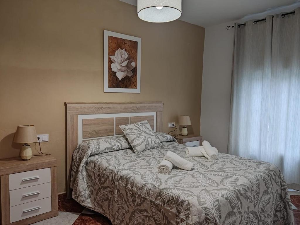 um quarto com uma cama com duas almofadas em Casa Fregenal Centro R&S em Fregenal de la Sierra