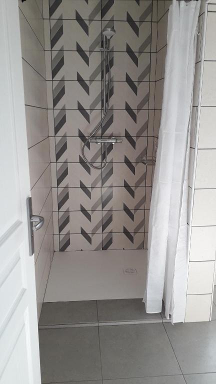 a bathroom with a shower with black and white tiles at GITE LES 3 EDELWEISS - Maison SEGUITTE - 6 PERSONNES in Arette