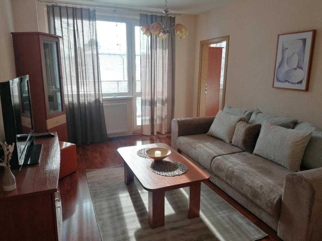een woonkamer met een bank en een salontafel bij Apartmán Leny in Tatranská Lomnica