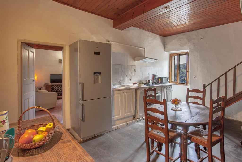 a kitchen with a table and a refrigerator at Casuccia in Santo-Pietro-di-Tenda