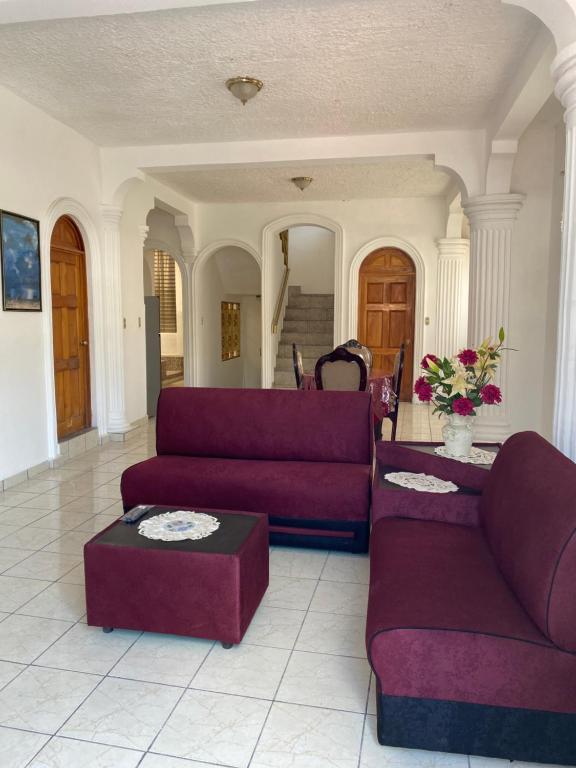 ein Wohnzimmer mit zwei lila Sofas und einem Tisch in der Unterkunft Casa en el Centro de Ilobasco in Nanastepeque