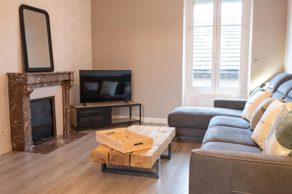 a living room with a couch and a fireplace at Le 11 à 5 min de l'hypercentre d'Epernay 6 personnes in Épernay