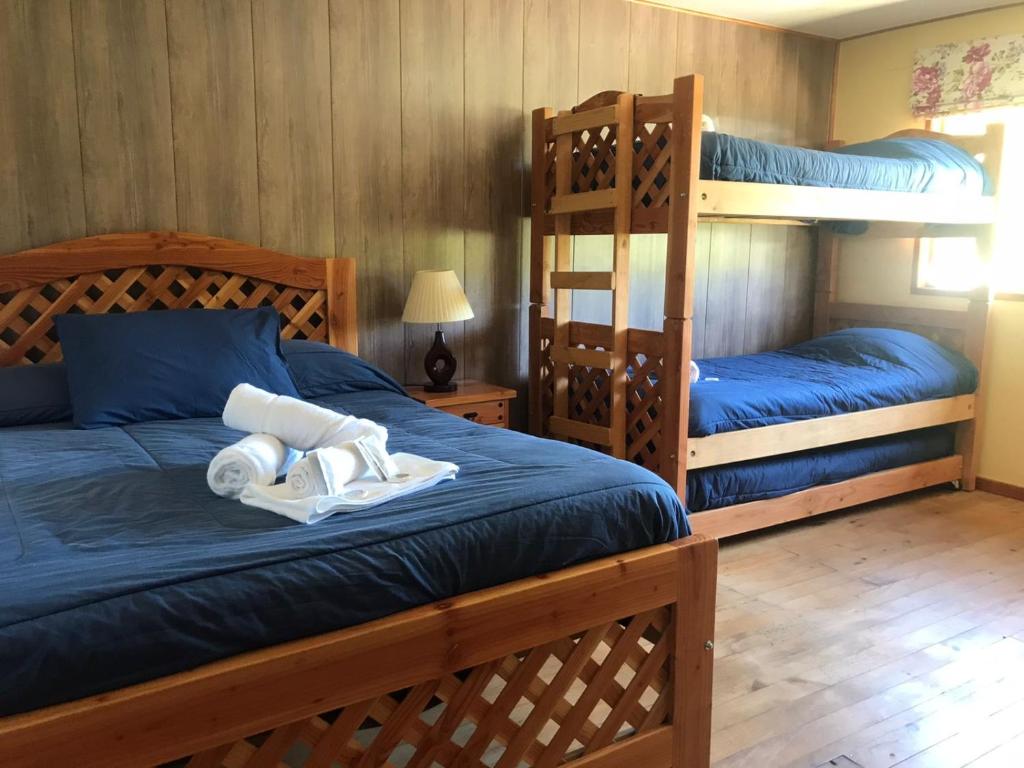 a bedroom with two bunk beds with blue sheets at La Casona Caburgua in Pucón