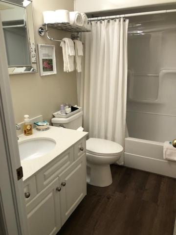 a bathroom with a sink and a toilet and a shower at Casa Blanca Boutique Bed & Breakfast in Niagara-on-the-Lake