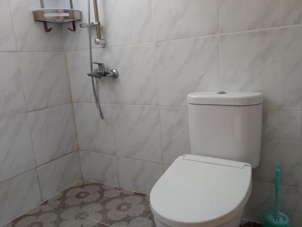 a bathroom with a white toilet and a shower at Damai Guest House Cirebon in Cirebon