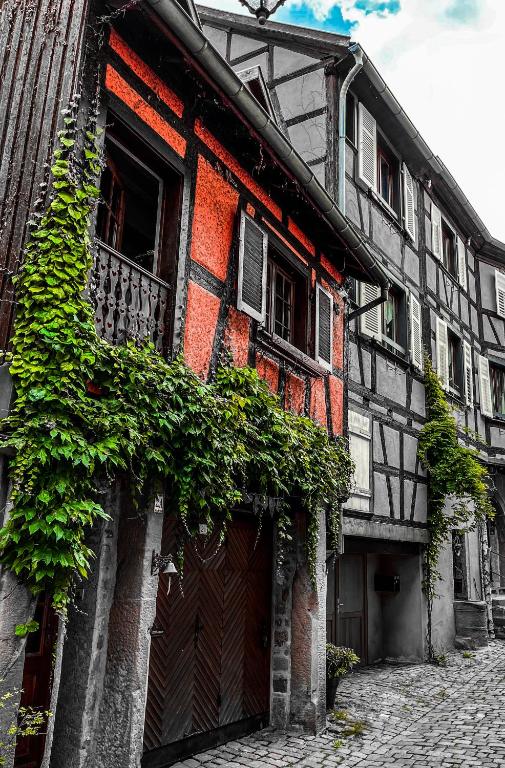 un vieux bâtiment avec des plantes sur son côté dans l'établissement La Maison Rouge Au coeur de la ville., à Riquewihr
