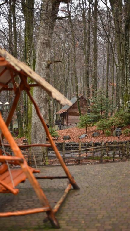 een houten schommel in een bos met een hut bij База відпочинку ШИПОВЕЦЬ in Poroškov