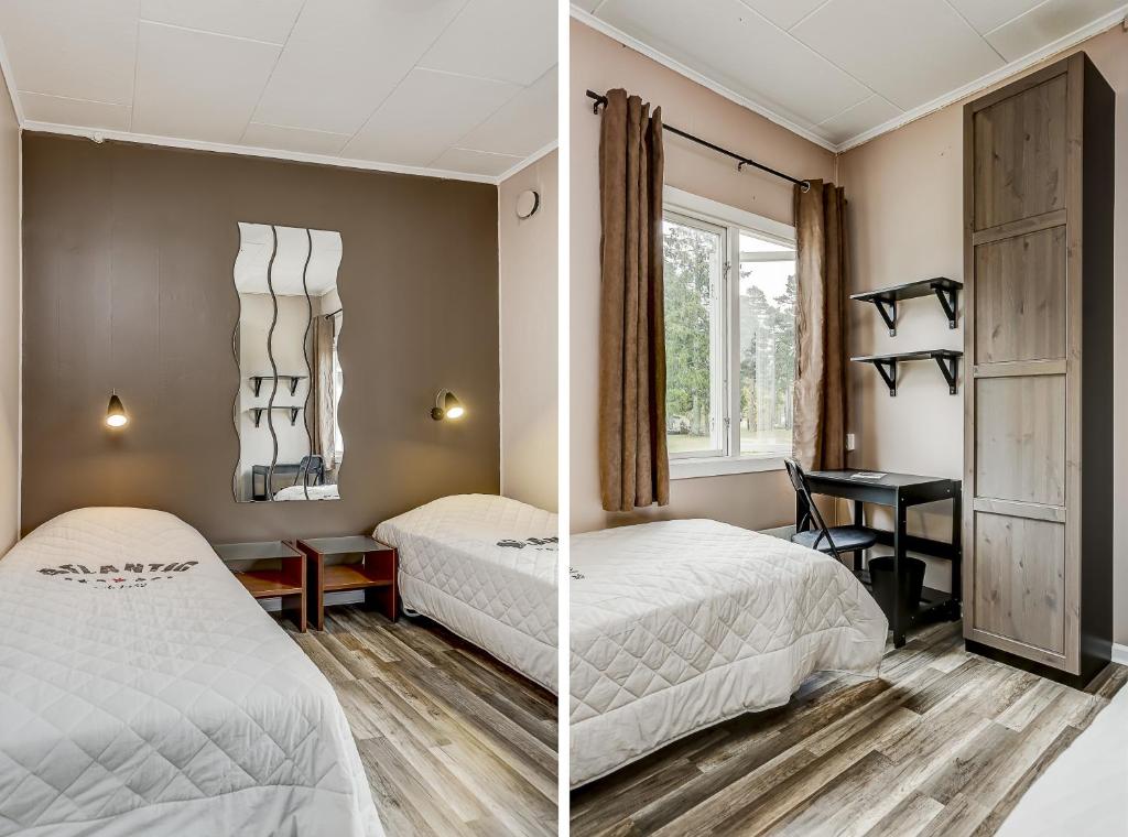 2 imágenes de un dormitorio con 2 camas y escritorio en STF Hostel Lärbro/Grannen, en Lärbro