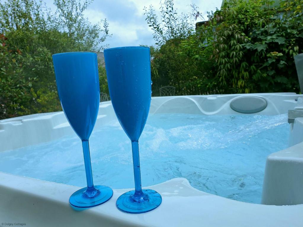 two blue glasses sitting on a ledge next to a swimming pool at Dolgoy Coach House Loft in Llwyn-Dafydd