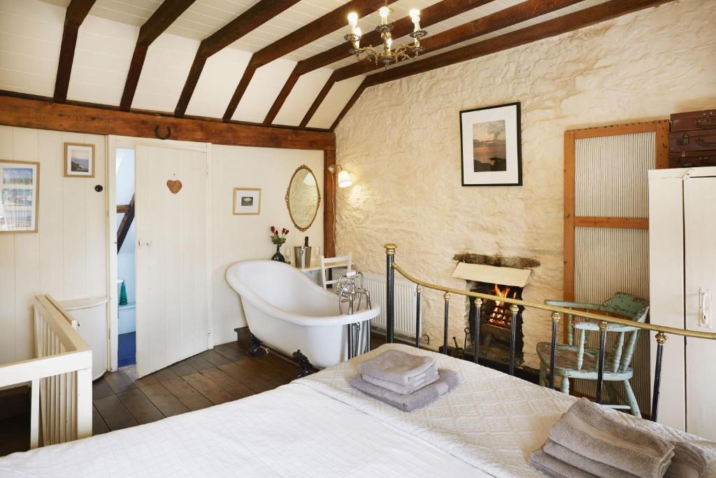 a bedroom with a bath tub and a bed at Bryn-y-Gof in Llwyn-Dafydd