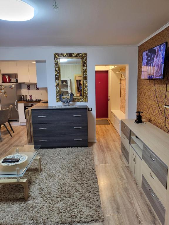 克莱佩达Senamiesčio butas的一间带梳妆台和镜子的客厅