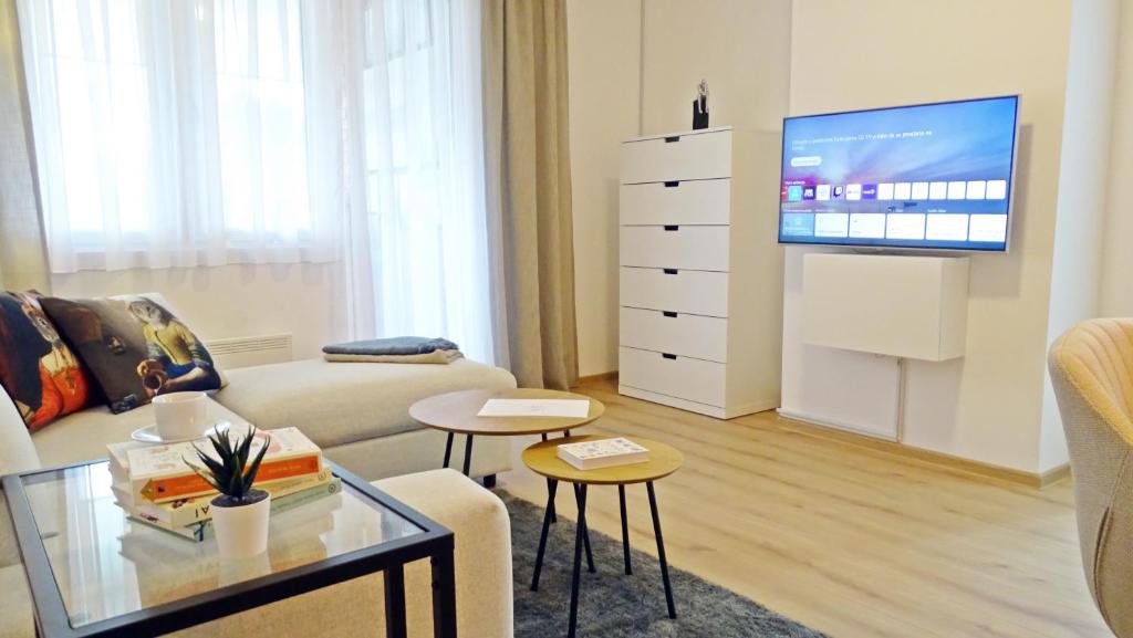 een woonkamer met een bank en een tv bij Apartment No15 in Koprivnica