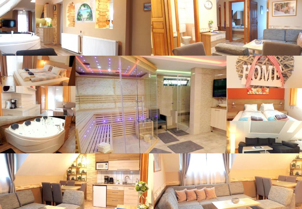 a collage of four pictures of a room at Apartman Siesta Bük in Bük