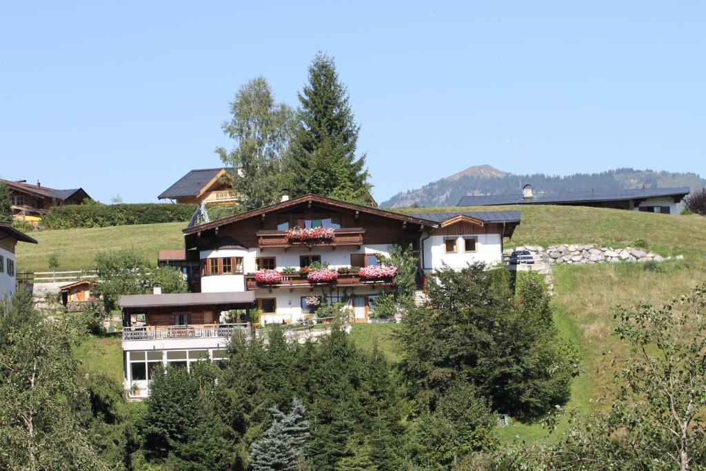una casa al lado de una colina con árboles en Ferienhaus Joel, en Fieberbrunn