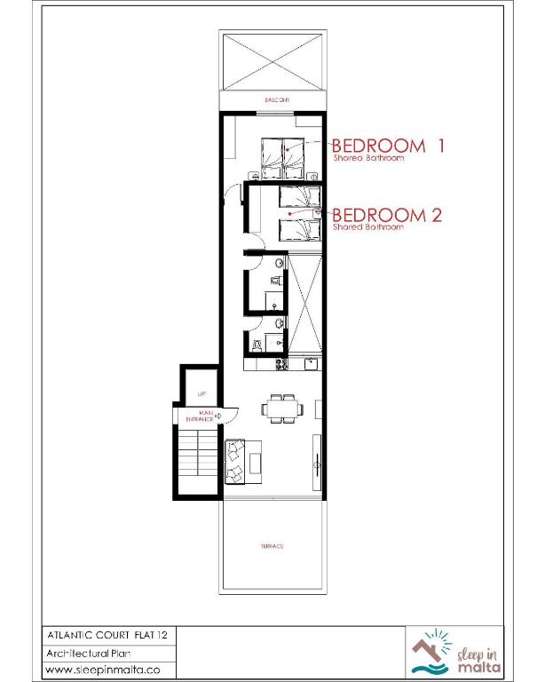 Půdorys ubytování F12 Room 2, Private Room two single beds privated bathroom in shared Flat