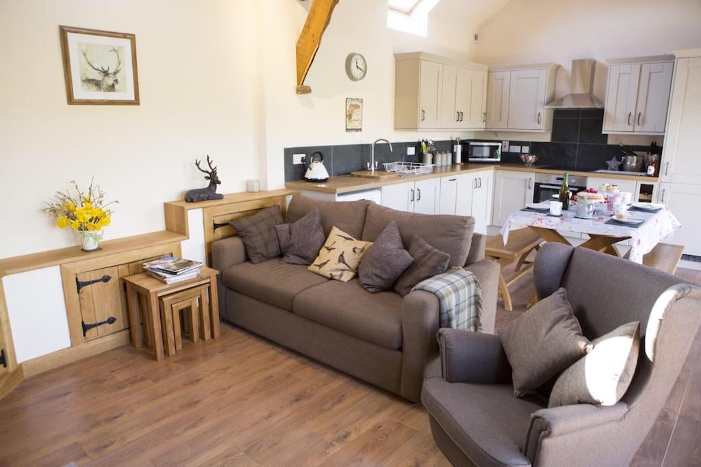 sala de estar con sofá y cocina en Fuesli Lodge - Boutique Cottage at Harrys Cottages en Pen y Clawdd